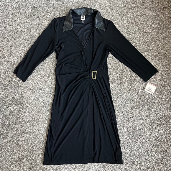 Anne Klein Dresses & Skirts - Anne Klein NWT Black Faux Wrap Midi Dress with Leather Collar, Size 12